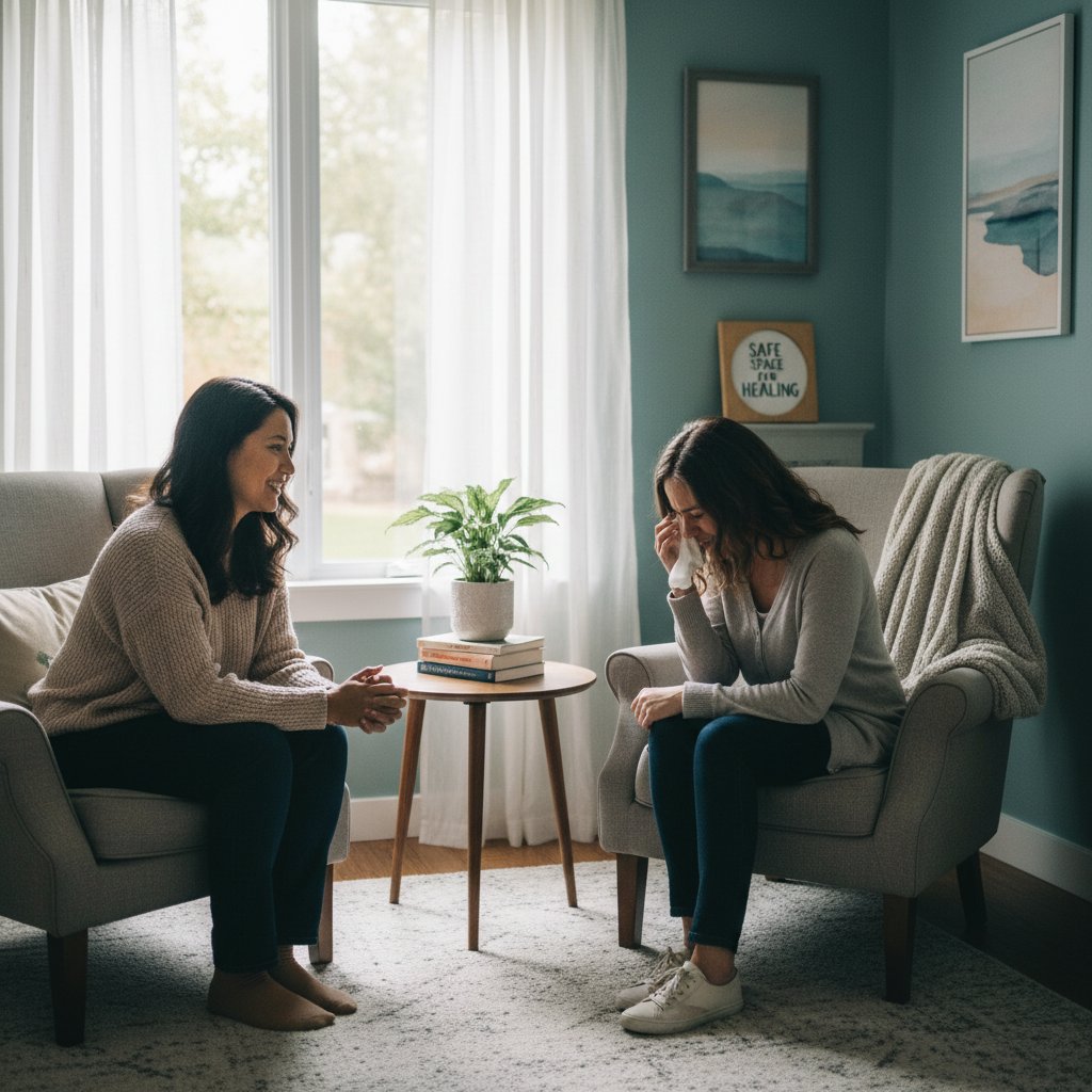 Osoba rozmawiająca z terapeutą, atmosfera wsparcia, konsultacja psychologiczna, klaustrofobia