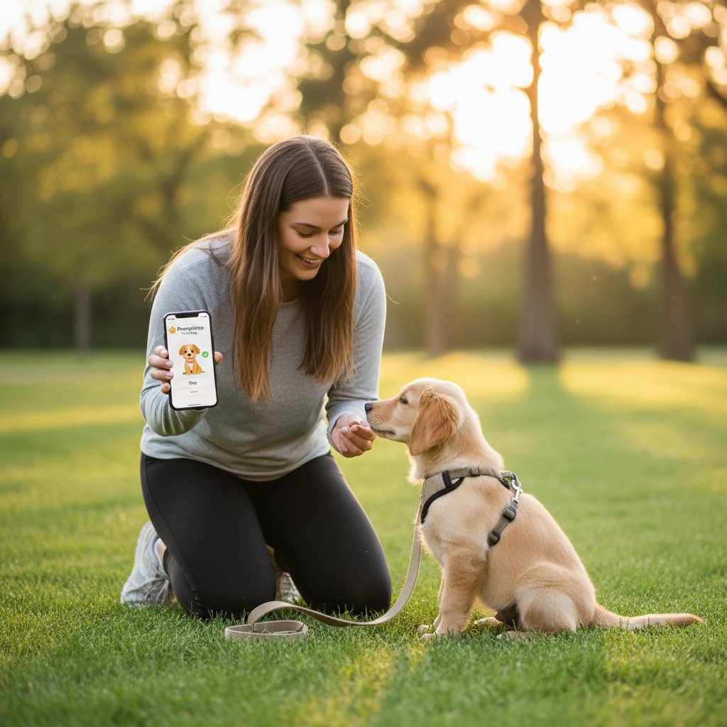 Osoba korzystająca z aplikacji do szkolenia szczeniaka na smartfonie