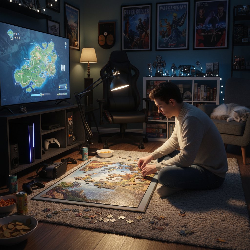 Osoba układająca puzzle przy świetle lampki, analogowa gra w domowym zaciszu