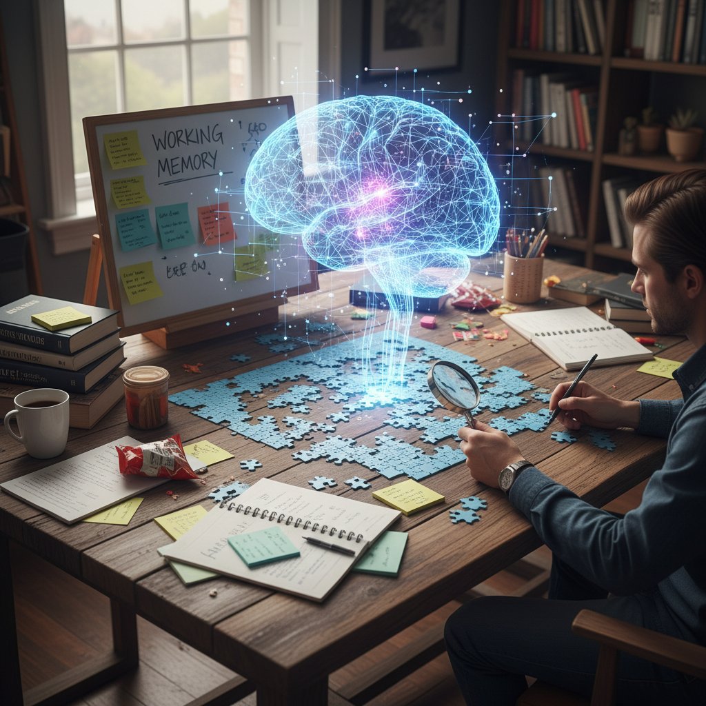 Osoba układająca puzzle i trzymająca notatki – ćwiczenie pamięci roboczej