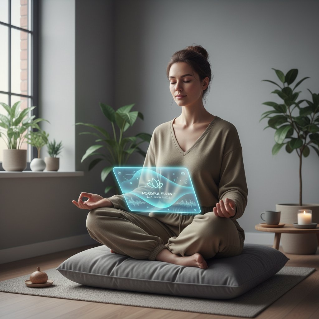 Osoba korzystająca z aplikacji mindfulness AI w cichym pokoju, spokój i koncentracja