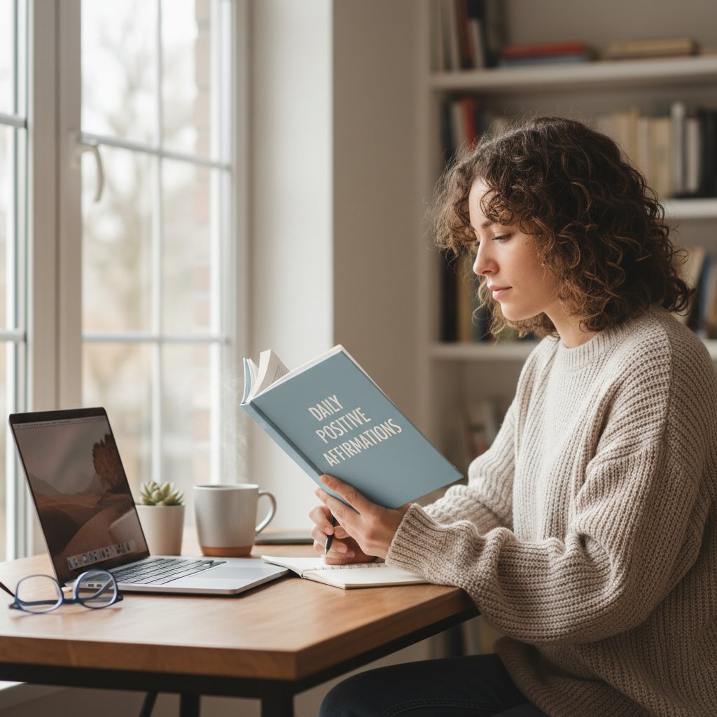 Osoba czytająca książkę o afirmacjach przy biurku, z podświetlonym laptopem
