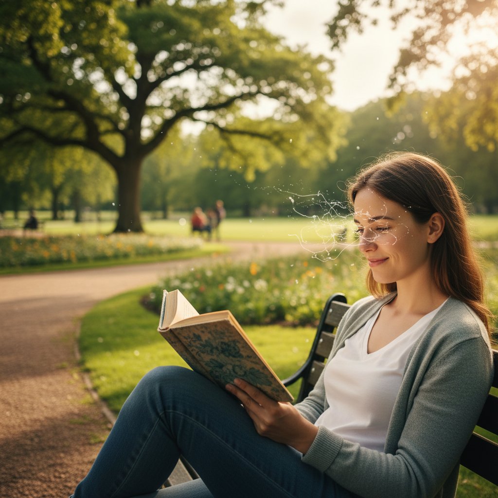 Osoba czytająca książkę na ławce w parku, zrelaksowana pomimo obecności mętów w oku