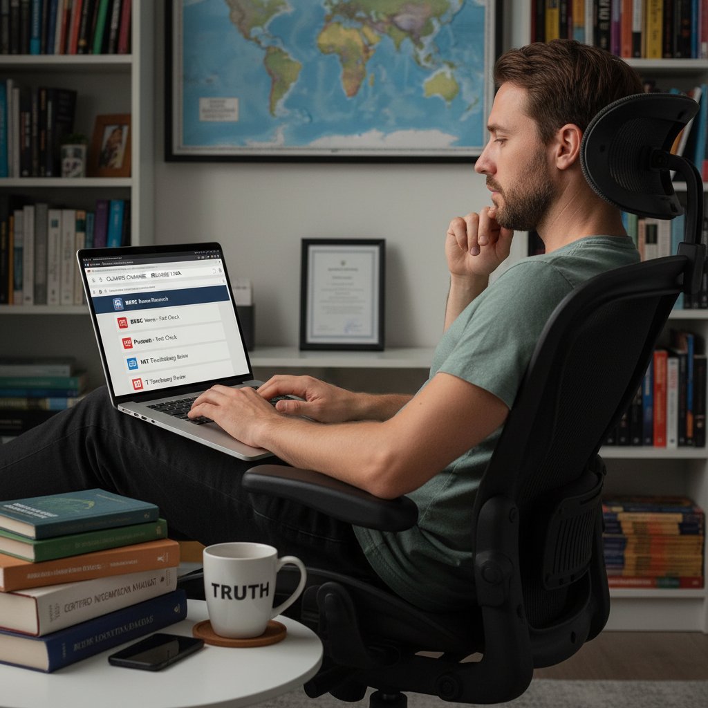 Osoba czytająca artykuły na laptopie, selekcjonująca wiarygodne źródła informacji online