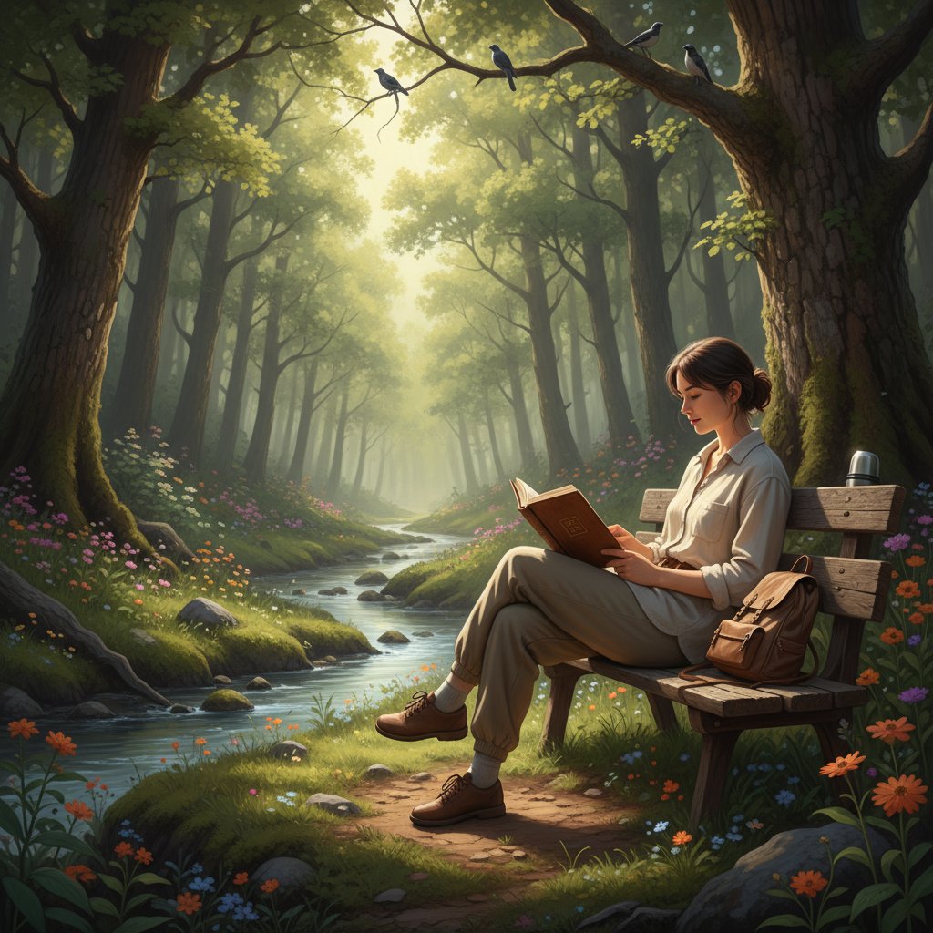 Zdjęcie osoby czytającej książkę na łonie natury, daleko od urządzeń cyfrowych, spokój i wyciszenie