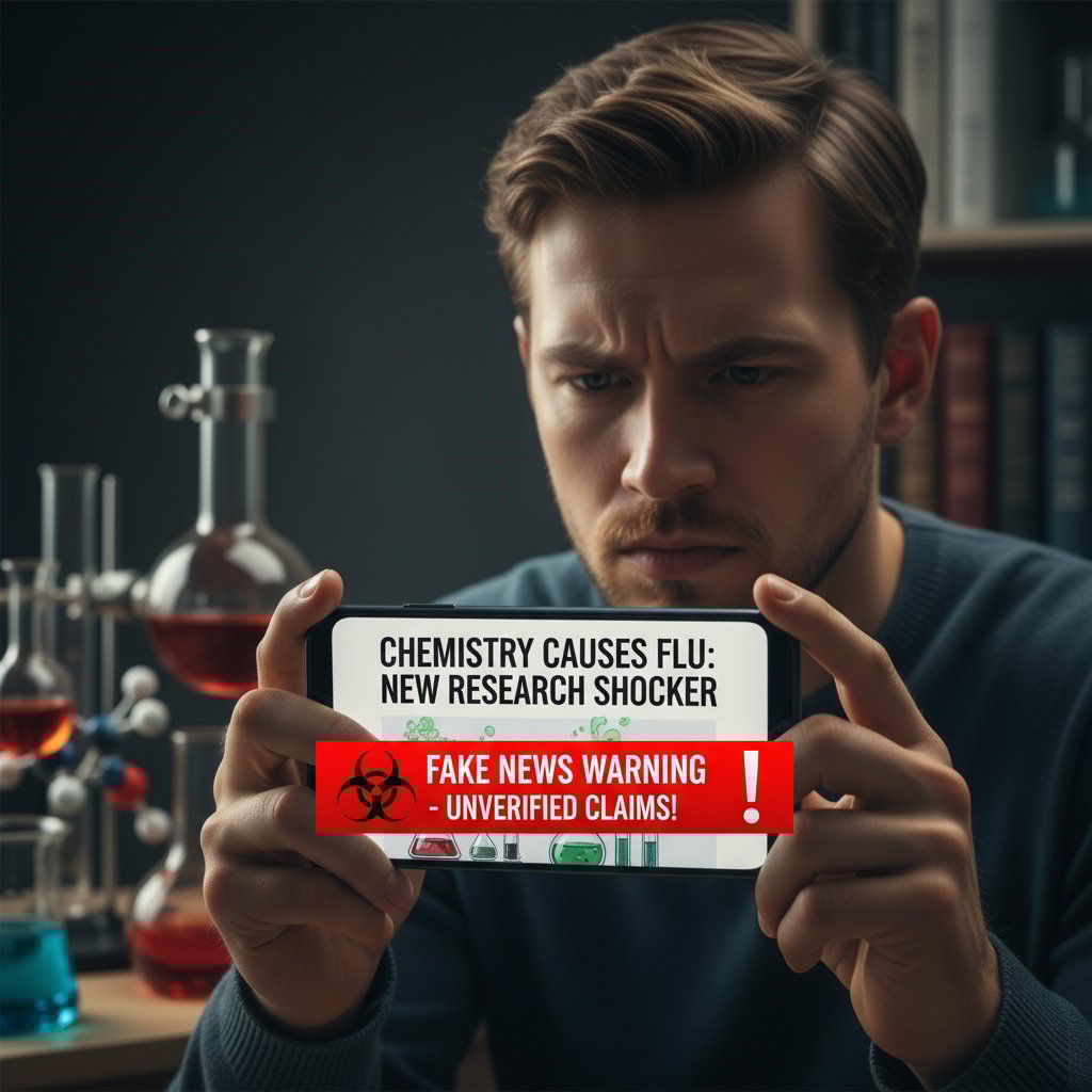 Osoba czytająca artykuł na smartfonie, z widocznym ostrzeżeniem o fake news