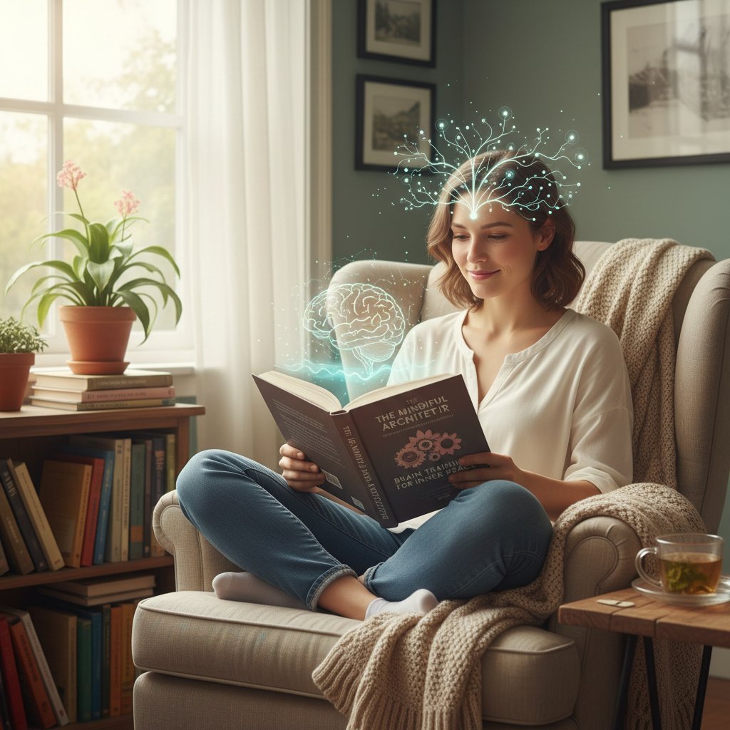 Osoba czytająca książkę na głos w domowym zaciszu, elementy relaksu i rozwoju umysłowego