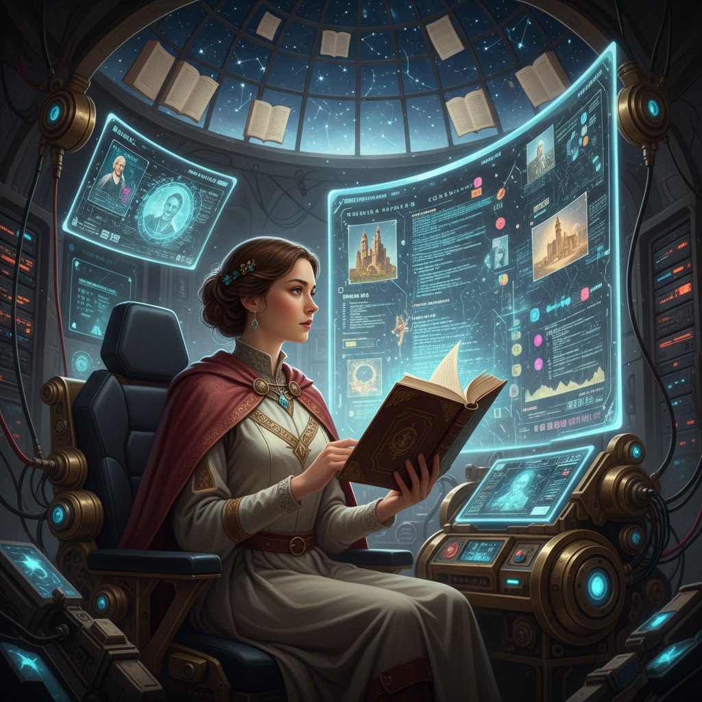 Osoba czytająca książkę i patrząca na ekran z postacią literacką, symulator rozmów, literatura vs technologia