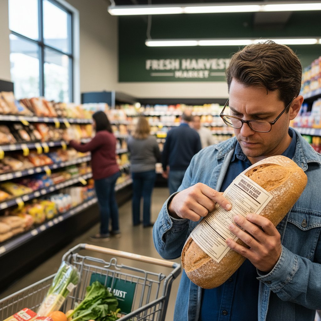 Osoba czyta etykietę chleba w sklepie, skupiona na składzie produktu