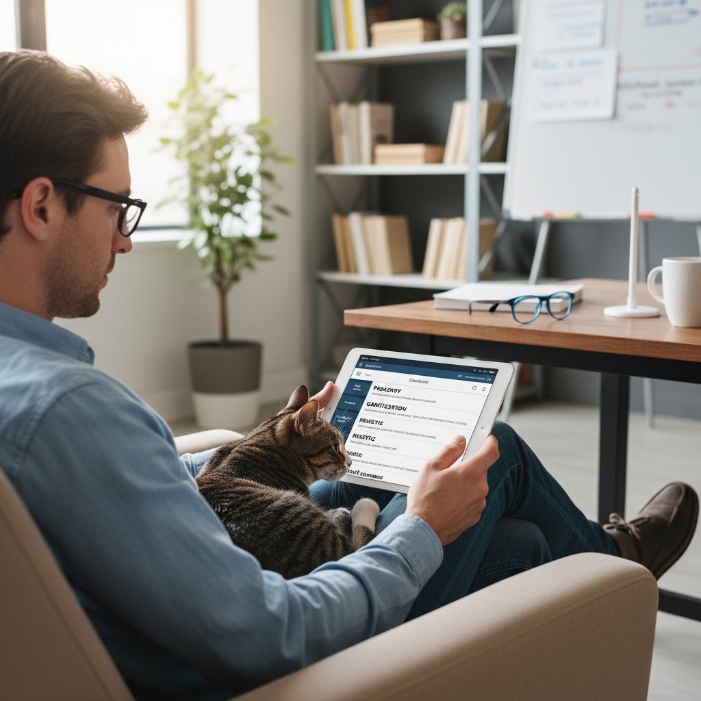 Osoba czytająca słownik pojęć na tablecie, kot obok – edukacja w kontekście technologicznym