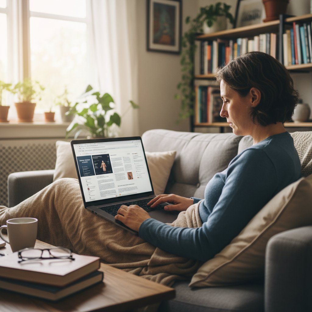 Osoba czytająca artykuły branżowe na laptopie w domowym otoczeniu