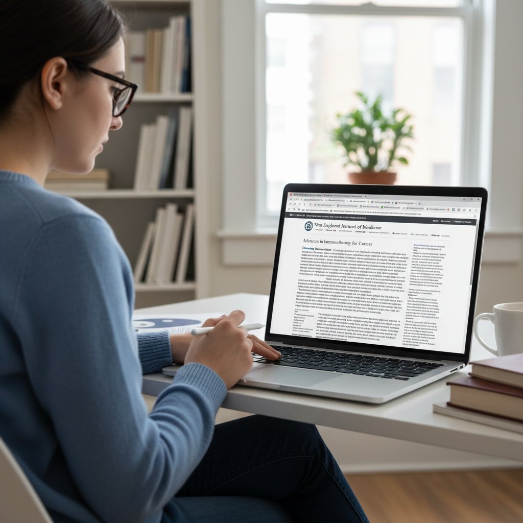 Zdjęcie przedstawiające osobę czytającą wiarygodne źródła medyczne na laptopie