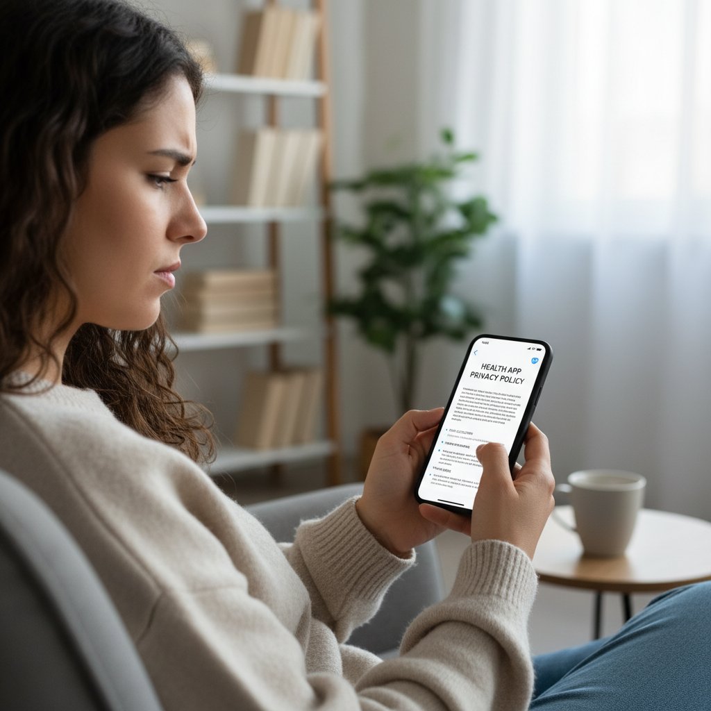 Osoba przeglądająca na telefonie politykę prywatności aplikacji zdrowotnej