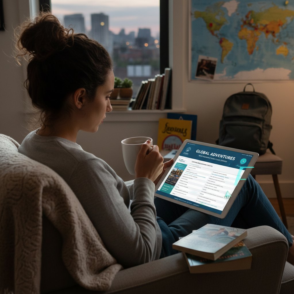 Osoba czytająca recenzje i forum podróżnicze na laptopie, analizująca doświadczenia innych