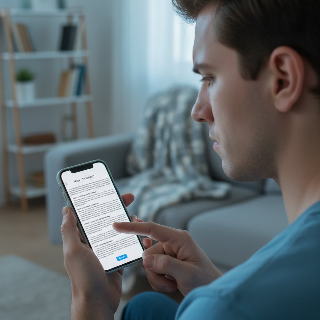 Ilustracyjne zdjęcie: osoba czytająca warunki korzystania z aplikacji modowej na laptopie, skupiona twarz, atmosfera krytycznej analizy