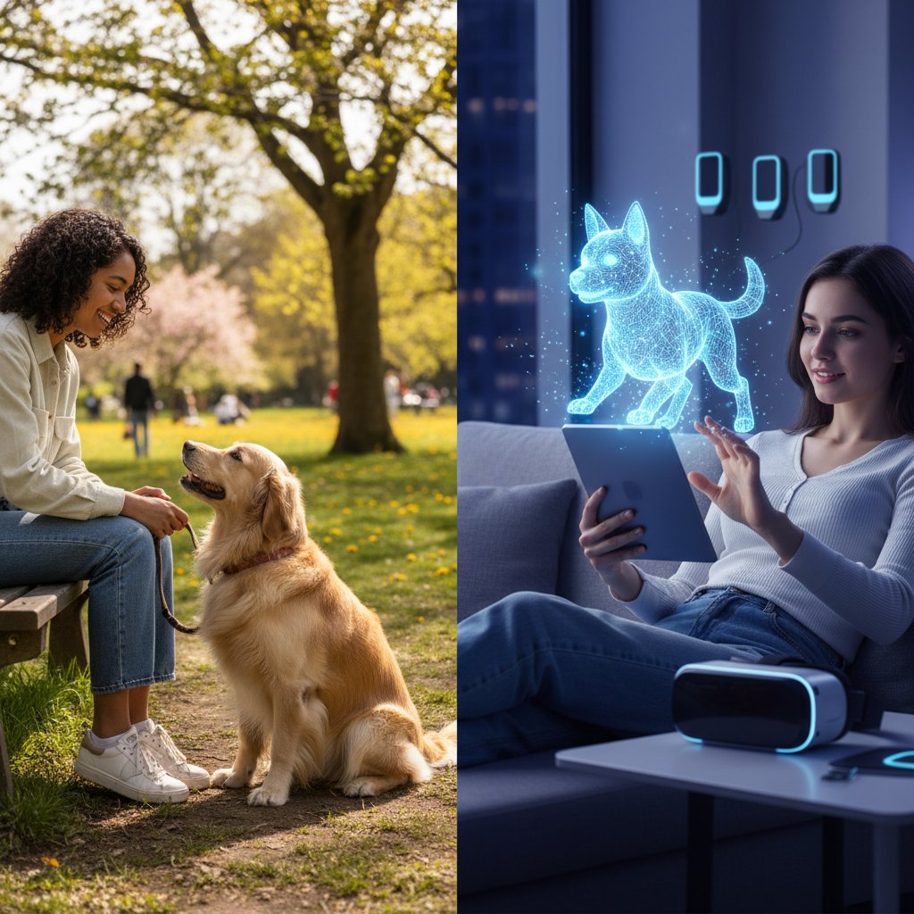 Vergleich: Mensch spielt draußen mit echtem Hund vs. interagiert drinnen mit virtuellem Hund am Tablet