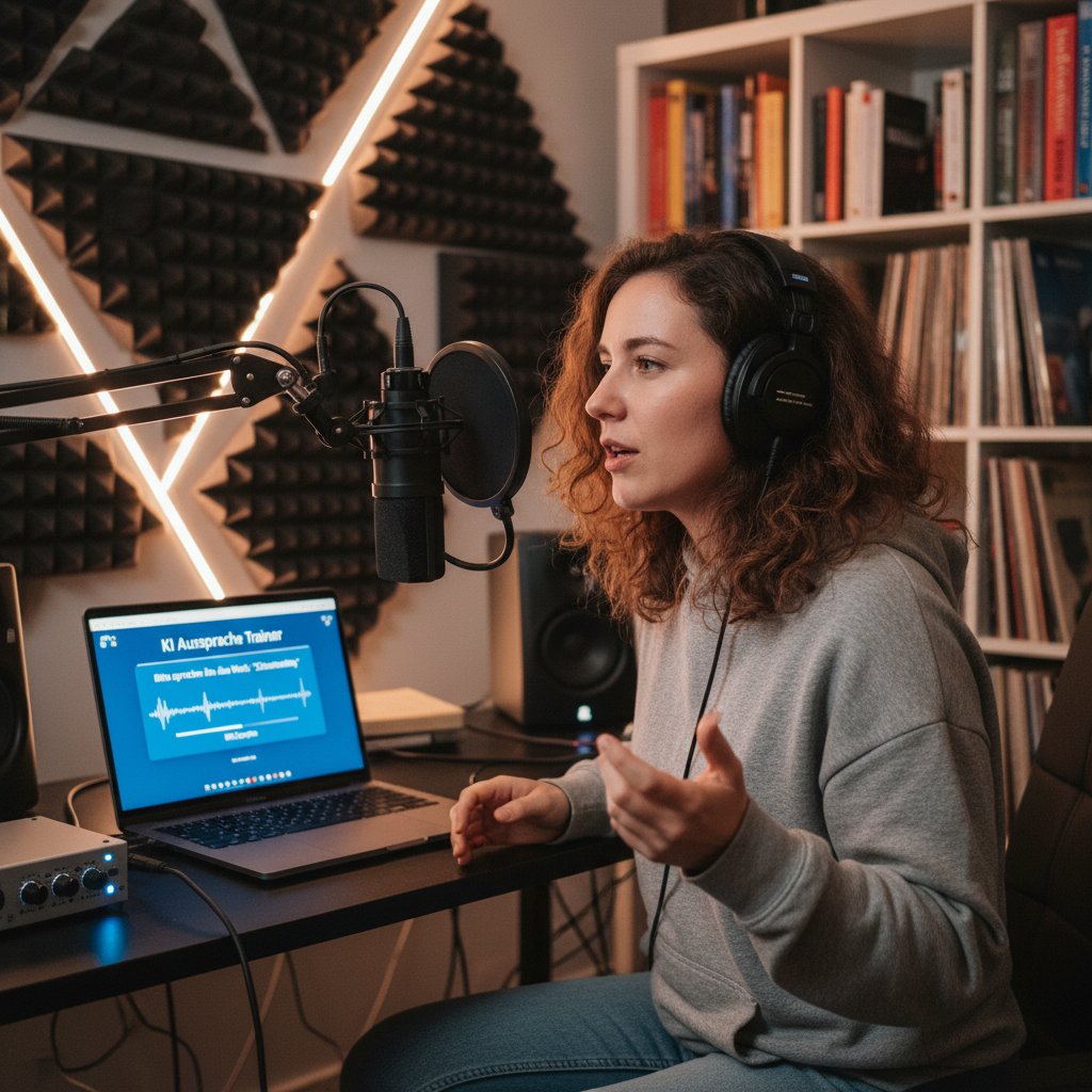 Osoba nagrywająca swoją wymowę niemiecką w domowym studio, skupienie, mikrofon, laptop, otwarta aplikacja AI