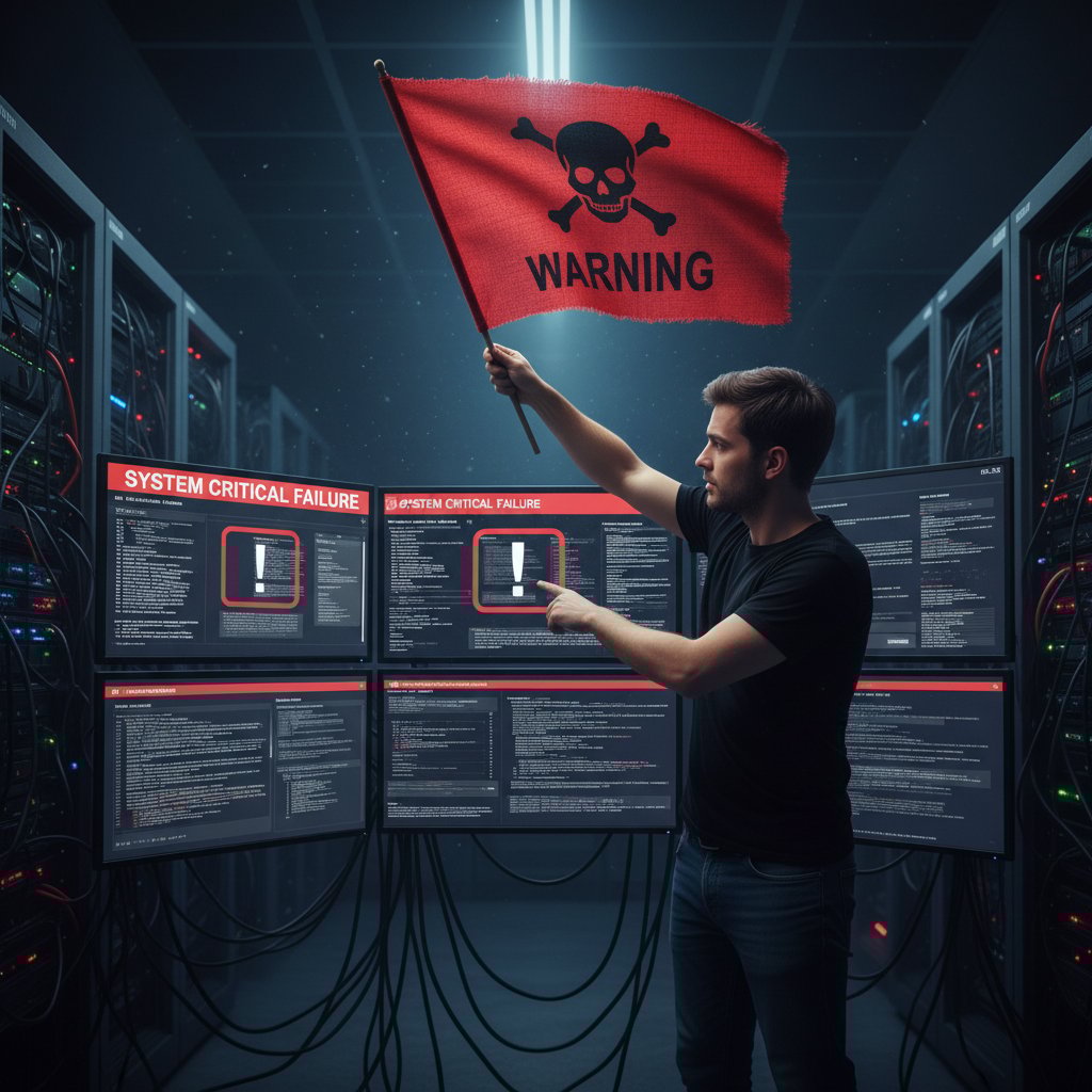 Osoba z czerwoną flagą stojąca przed monitorem z ostrzeżeniami o błędach