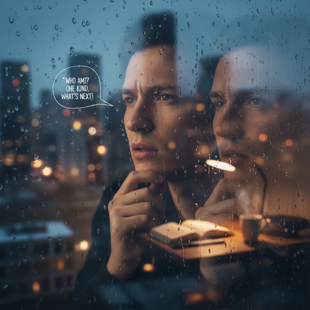 Rozmowa z samym sobą – autorefleksja, osoba patrzy na swoje odbicie w oknie, wieczorny klimat