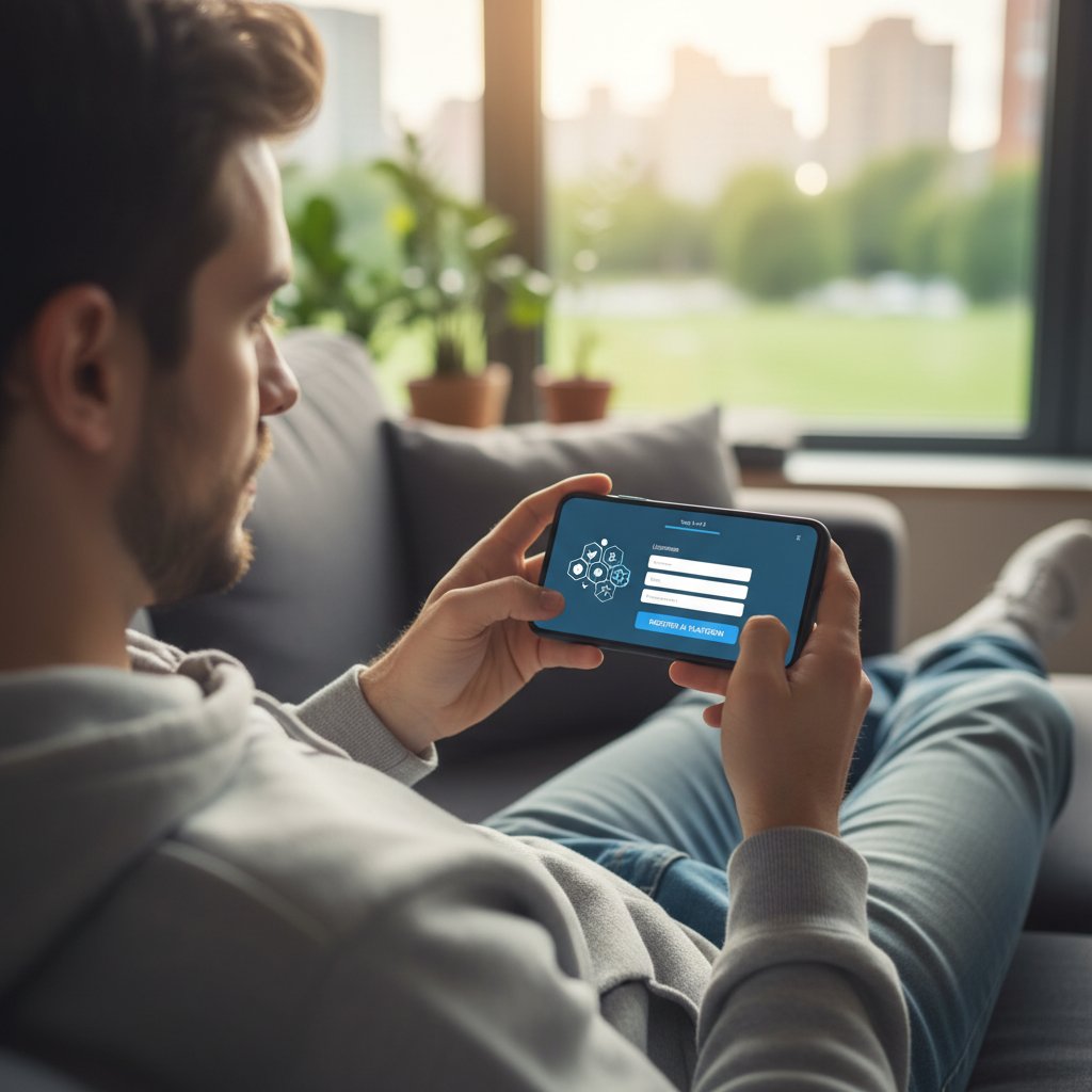 Osoba rejestrująca się na platformie AI przez smartfona, uśmiechnięta i zrelaksowana