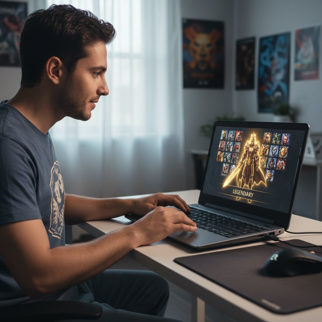 Osoba rejestrująca się w symulatorze rozmów na laptopie, wybierająca postać legendy