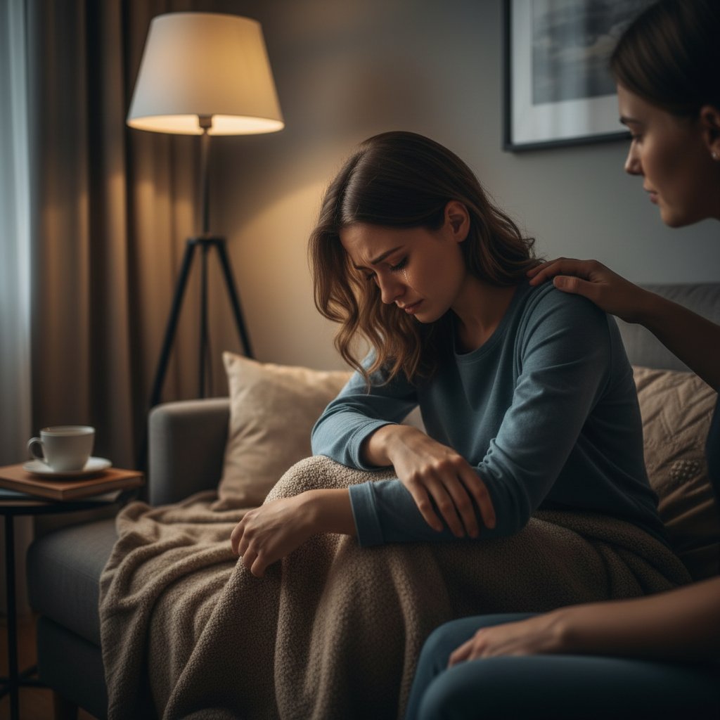 Osoba zamyślona podczas ćwiczeń rehabilitacyjnych, wyraz smutku, terapeuta z boku, intymna scena