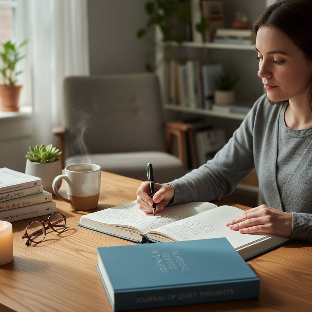 Osoba wypełniająca dziennik relaksacji, analizująca swoje samopoczucie, siedząca przy biurku z kawą – autodiagnoza i refleksja.