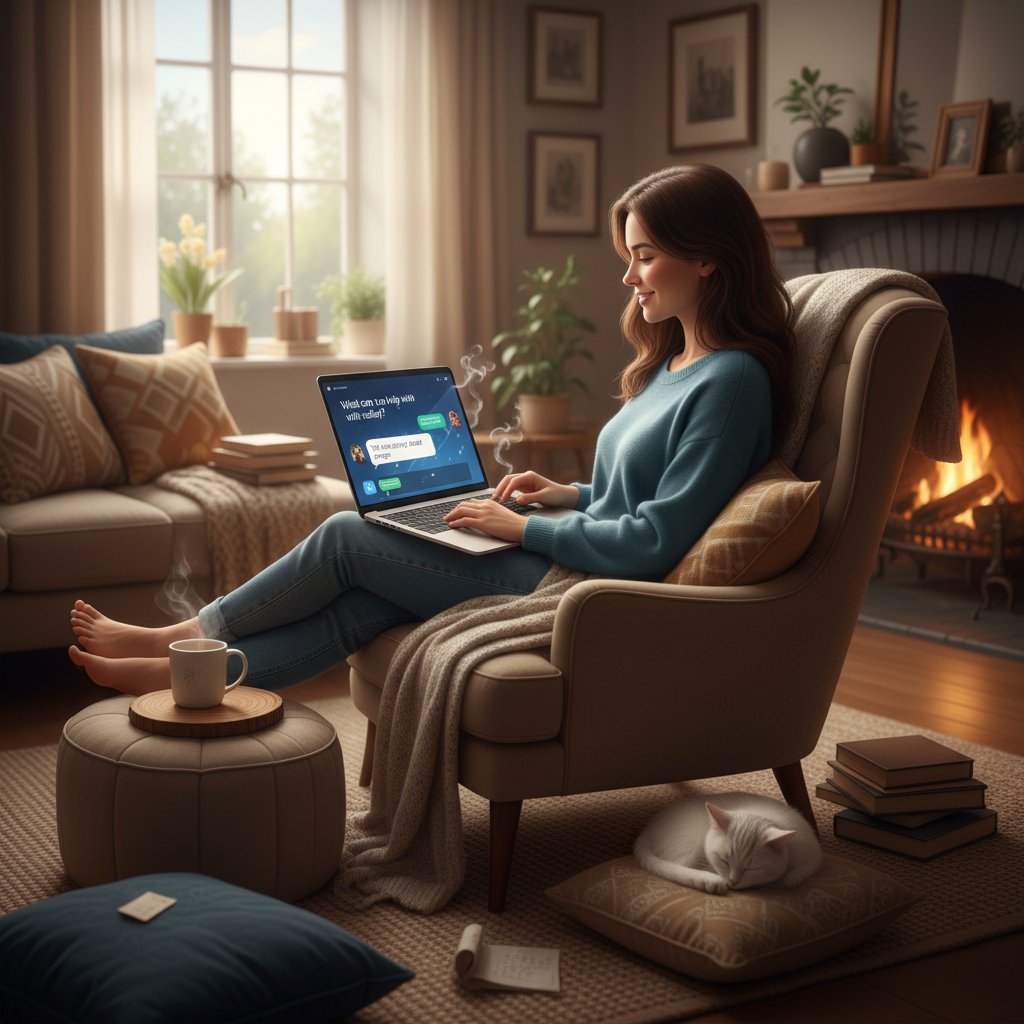 Mensch entspannt zu Hause auf dem Sofa mit Laptop, freundlicher KI-Chat auf dem Bildschirm, Wohlfühlatmosphäre