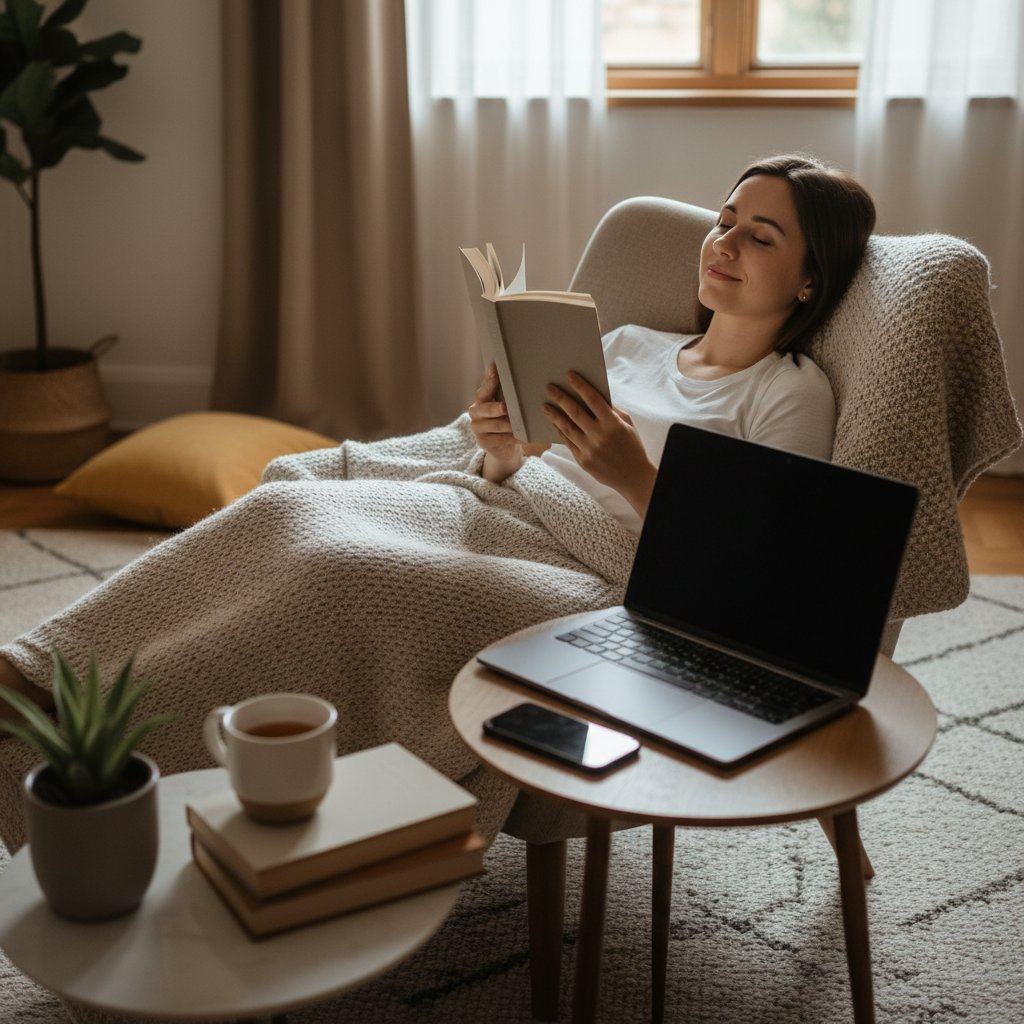 Osoba relaksująca się z książką, obok wyłączonego laptopa i smartfona – symbol cyfrowej higieny