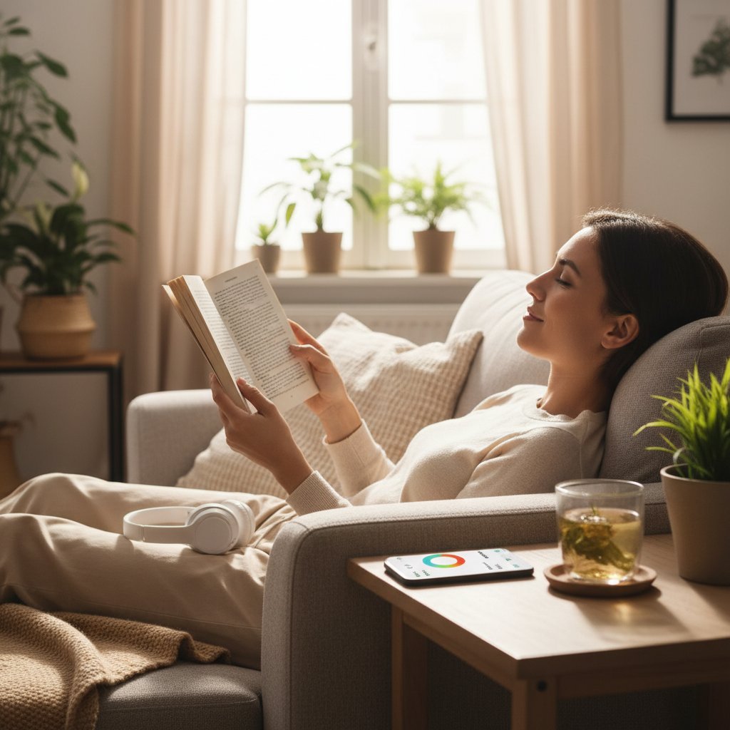 Osoba relaksująca się przy książce, odkładając smartfon po analizie zdrowia online