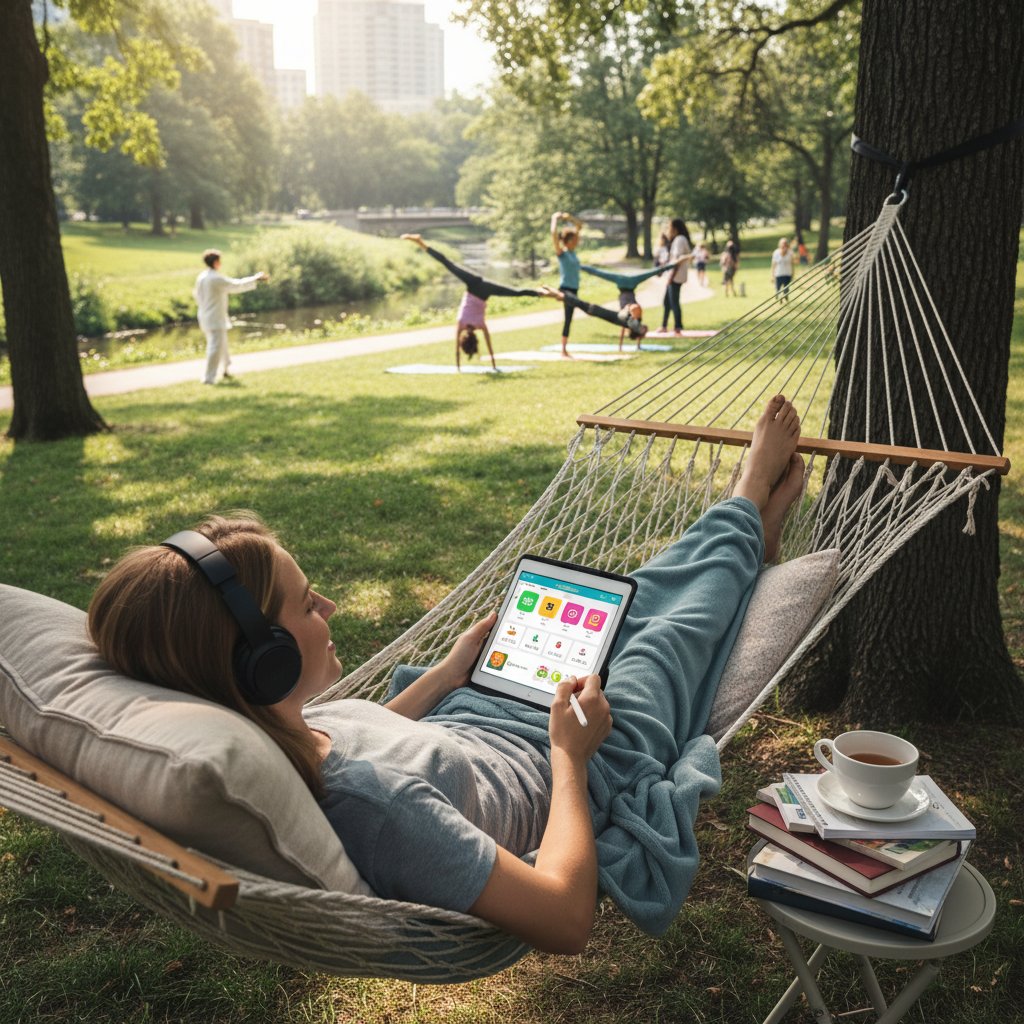 Osoba regenerująca siły po nauce języka, spacer w parku, równowaga między nauką a odpoczynkiem