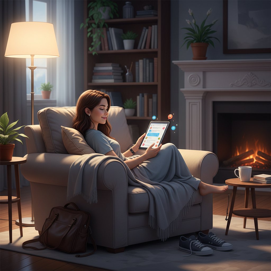 Osoba relaksująca się podczas rozmowy online, odpoczynek po ciężkim dniu