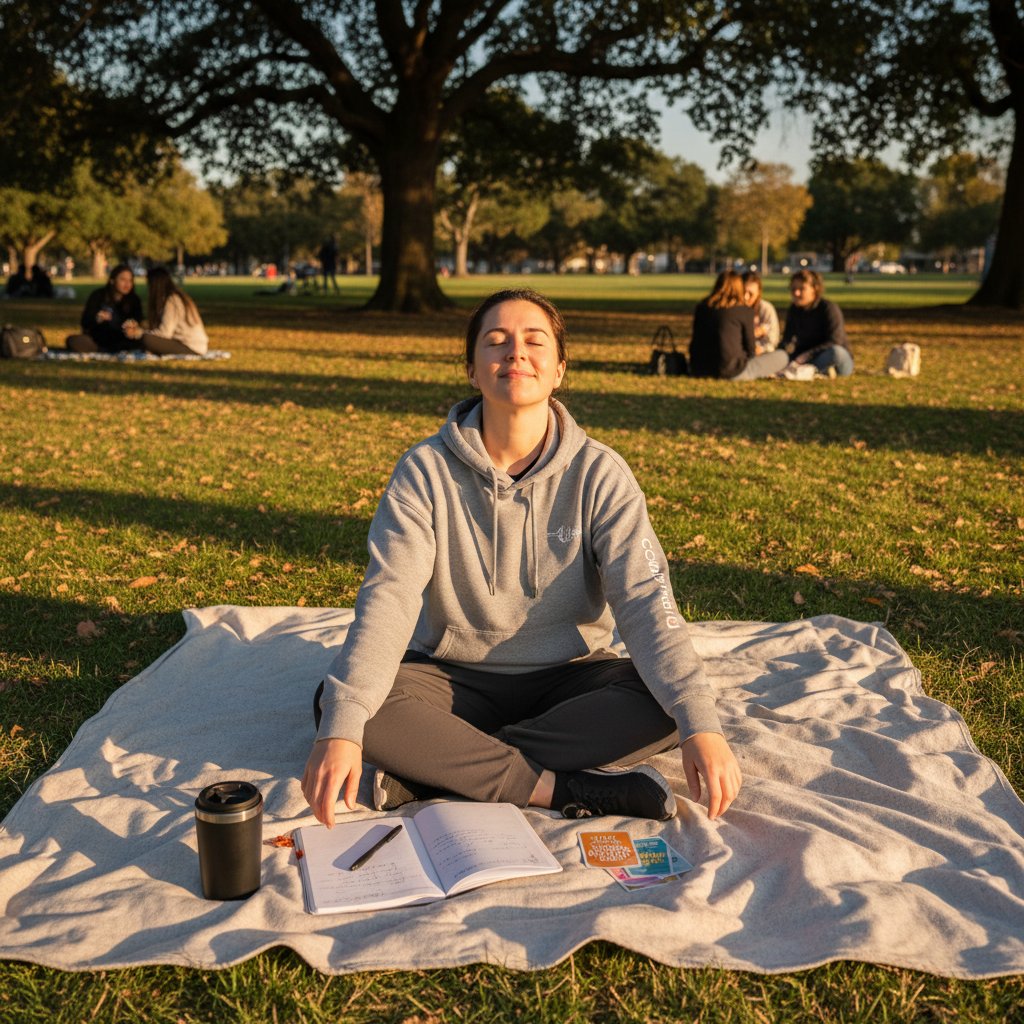 Osoba odpoczywająca w parku po intensywnym treningu interpersonalnym
