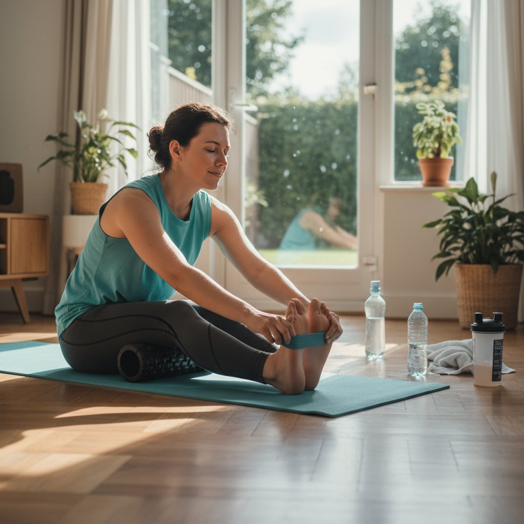 Osoba relaksująca się po treningu, rozciąganie i techniki relaksacyjne w domowym otoczeniu
