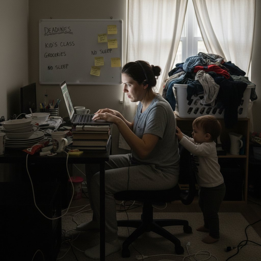 Osoba pracująca zdalnie przy komputerze, otoczona dokumentami – symbol nowych wyzwań zdrowotnych