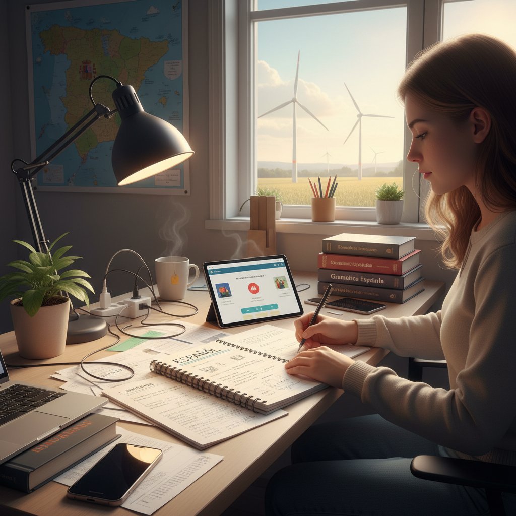 Osoba wraca do nauki po kryzysie, świeży notes, uporządkowane biurko, nowa energia