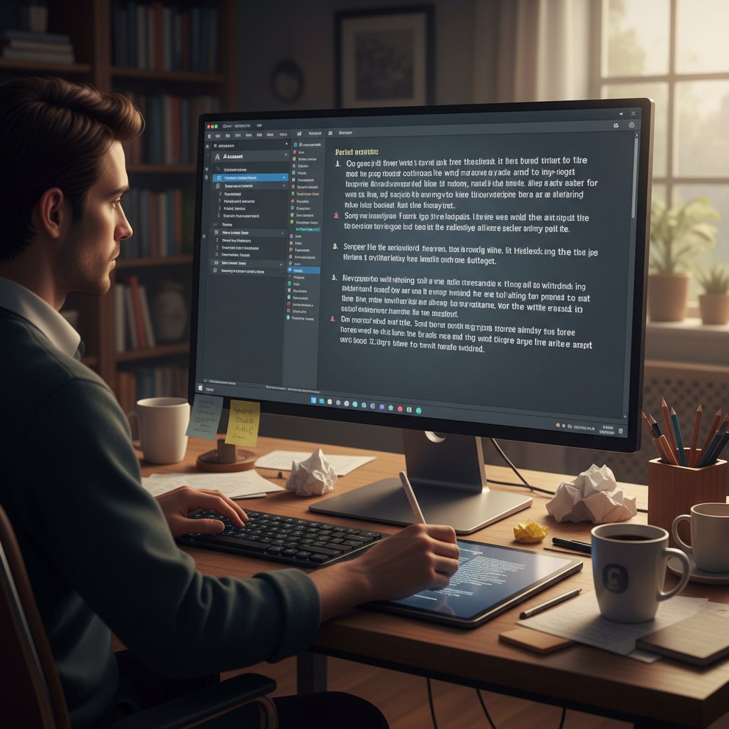 Osoba przeglądająca wygenerowany tekst na ekranie komputera, analizująca go i wprowadzająca poprawki – ilustracja korzystania z AI jako narzędzia, nie autora