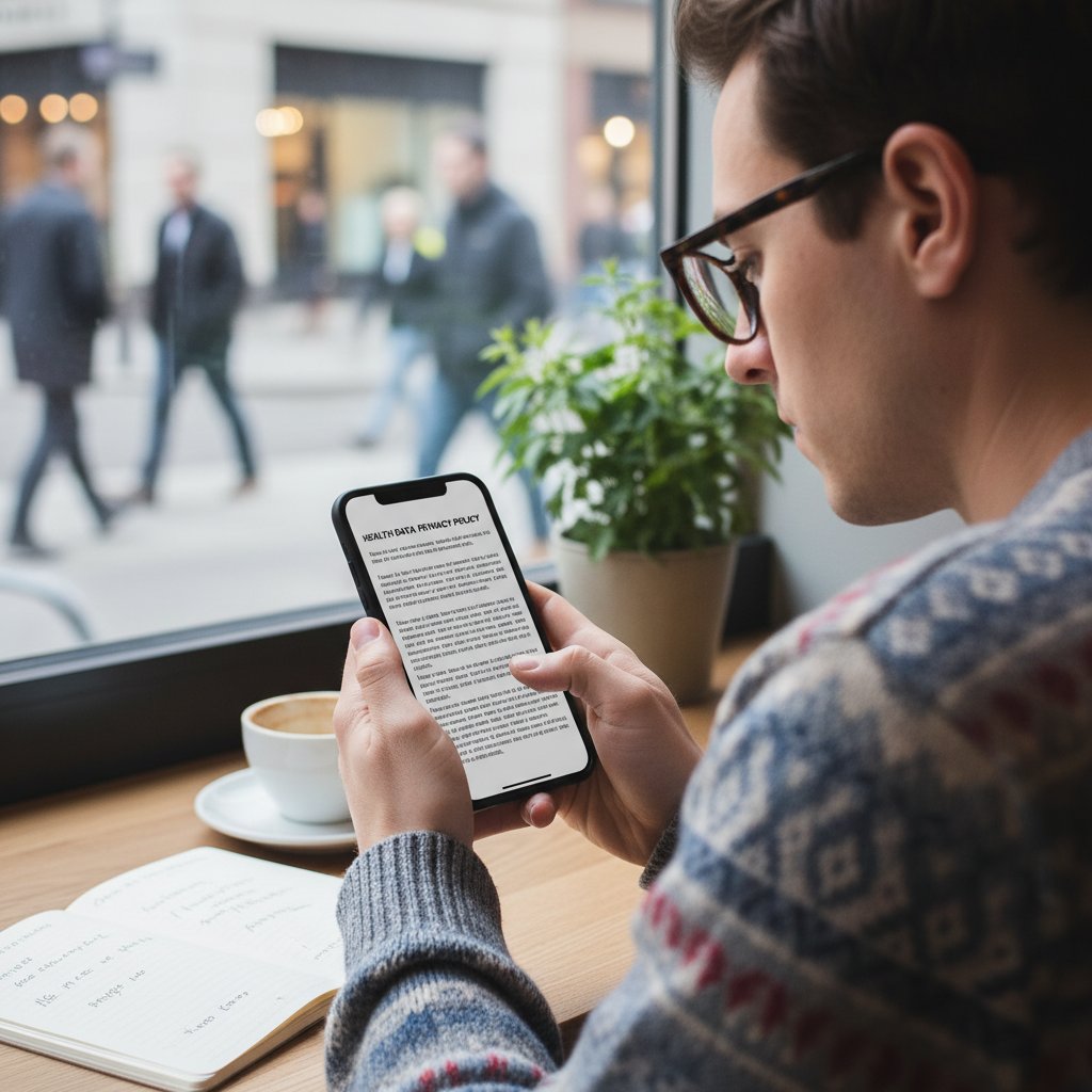 Osoba przeglądająca politykę ochrony danych zdrowotnych na smartfonie