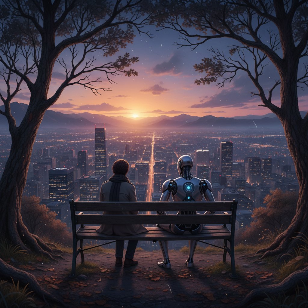 Człowiek i robot na ławce – symbol wspólnej przyszłości