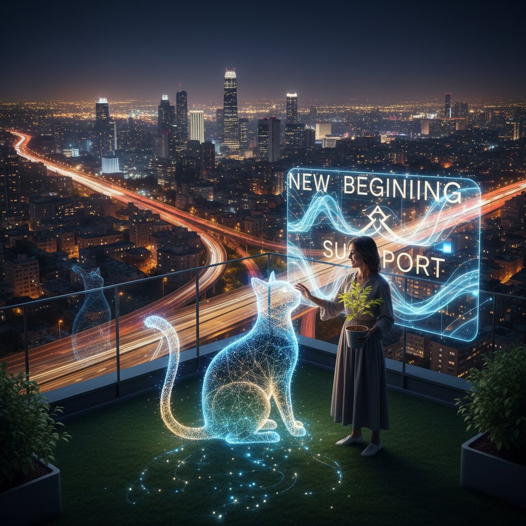 Osoba stojąca na dachu z widokiem na miasto nocą, obok cyfrowy kot, symbol nowego początku i wsparcia