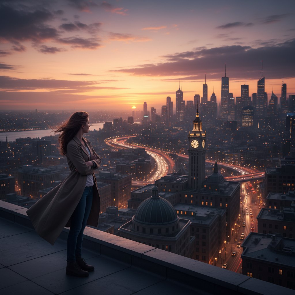 Osoba siedząca na dachu wysokiego budynku z widokiem na panoramę miasta o zmierzchu – symbol refleksji i niezależności