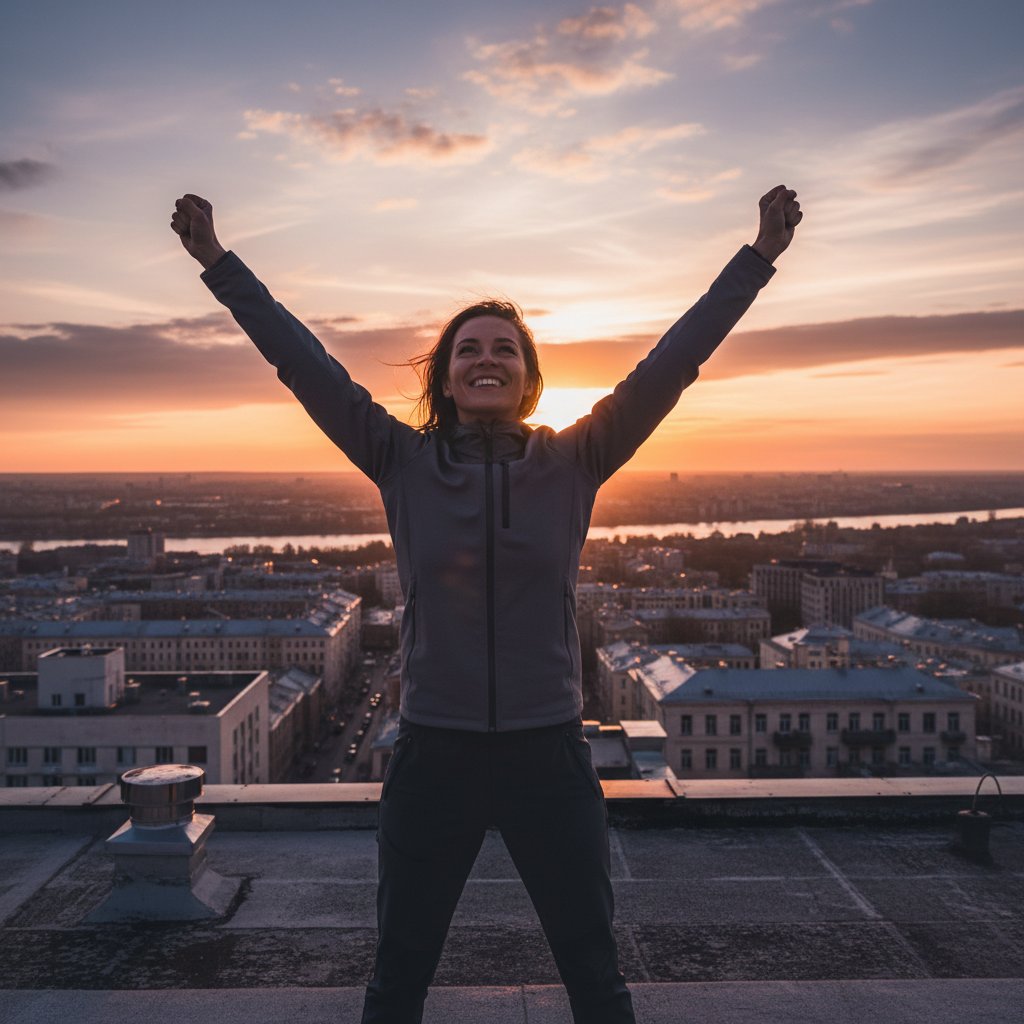 Osoba stojąca w pozycji zwycięzcy na dachu, miasto w tle – pewność siebie i neurobiologia