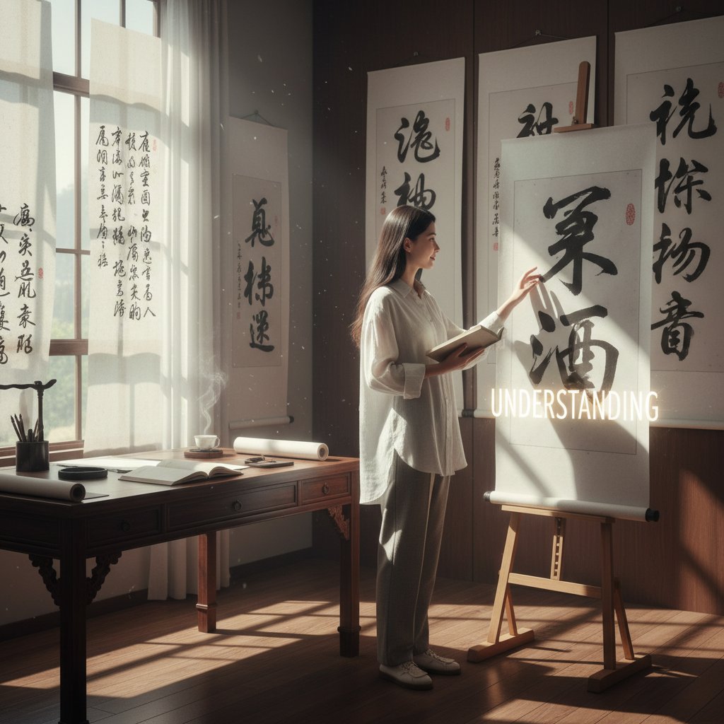 Ilustracja: Osoba siedząca w pokoju pełnym chińskich znaków, symbolizująca eksperyment Searle’a