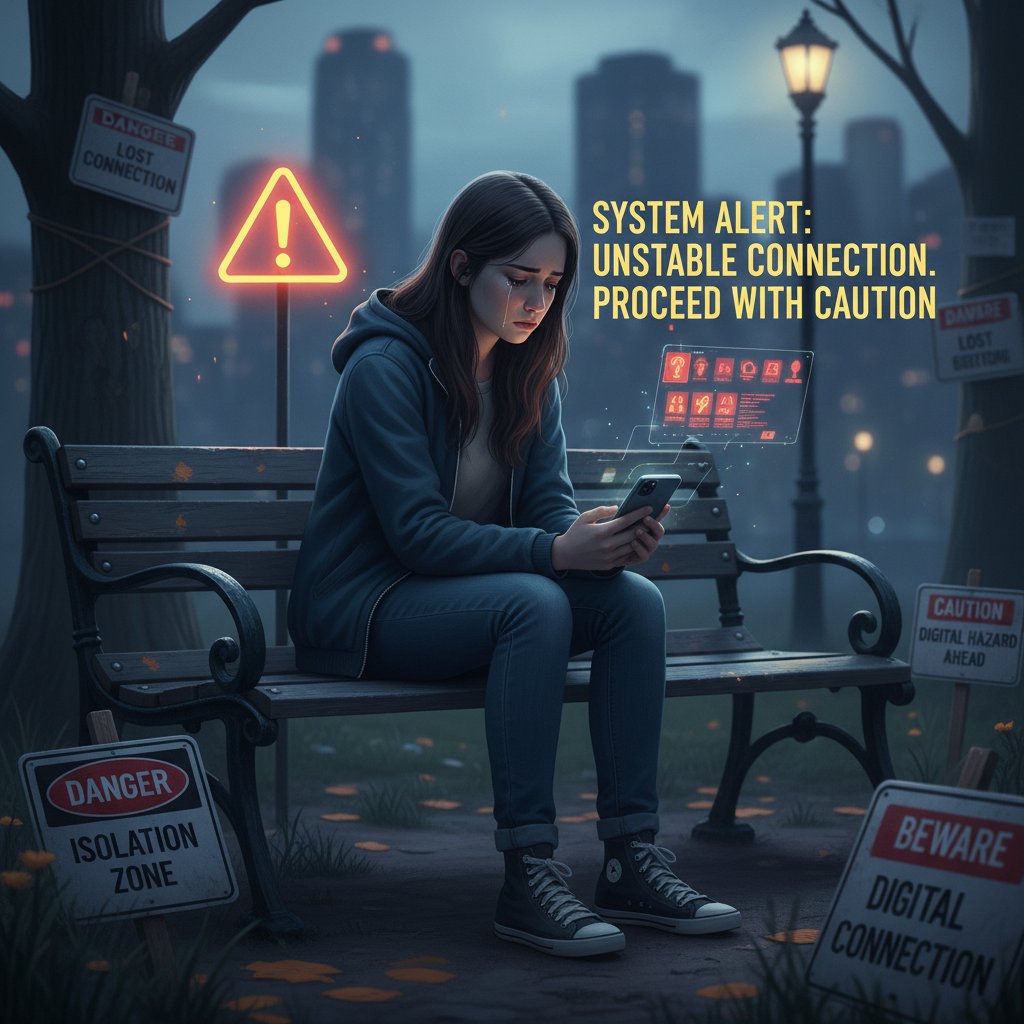 Przygnębiona osoba siedząca samotnie, ekran telefonu świeci w ciemności – sygnały ostrzegawcze wsparcia online