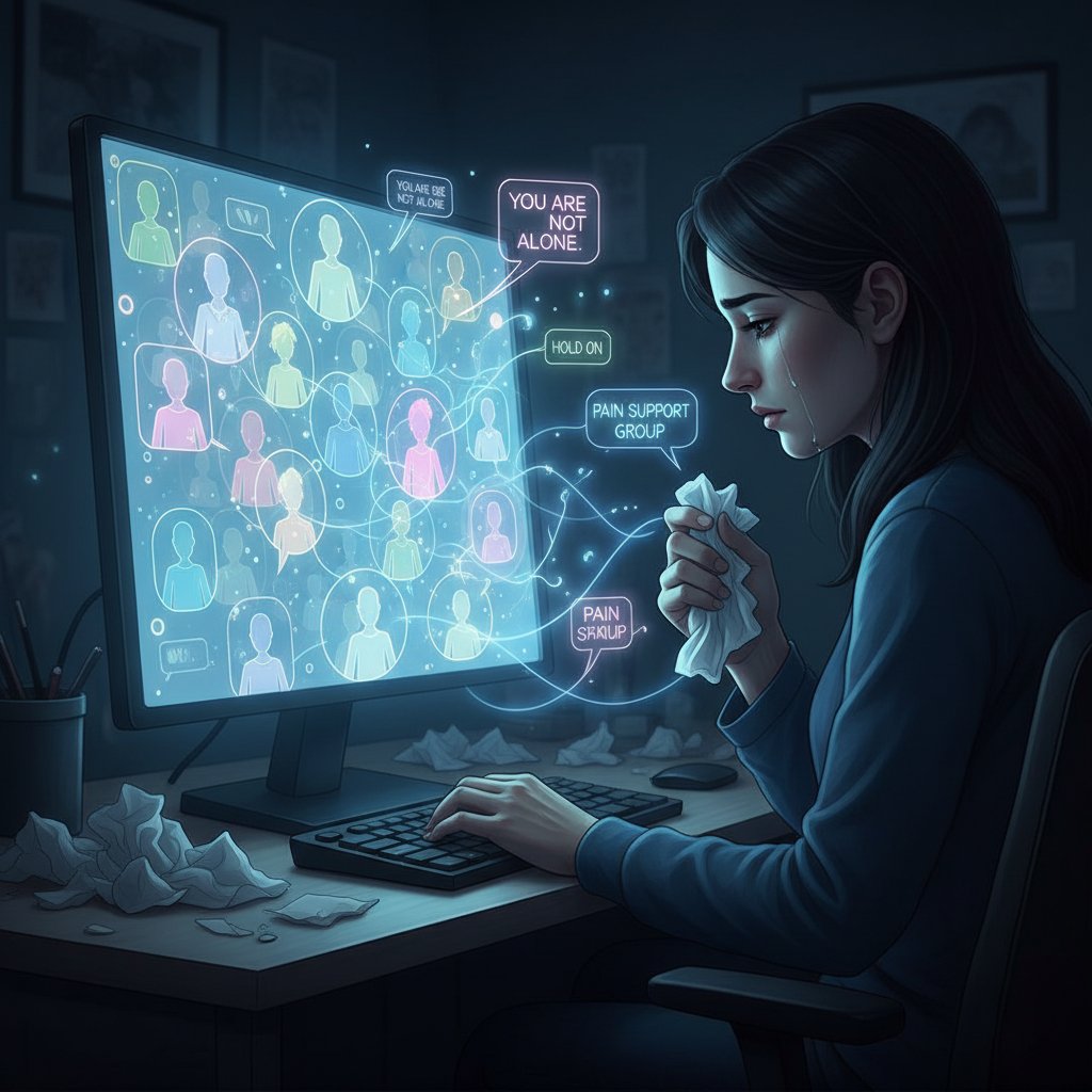 Człowiek patrzący na ekran z wieloma awatarami, wyraźny kontrast między tłumem online a samotnością