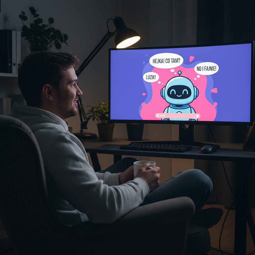 Osoba rozmawiająca z chatbotem na ekranie, przyjacielska atmosfera, polski slang
