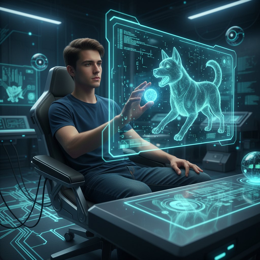 Człowiek patrzący na ekran z wirtualnym psem, wokół elementy technologiczne – symbol relacji człowiek-AI