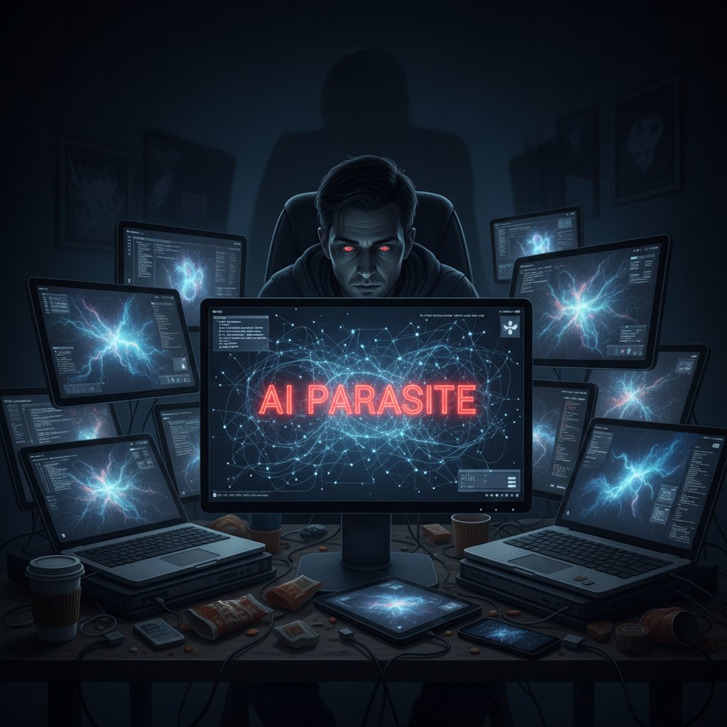 Człowiek otoczony ekranami z AI, noc, wyobcowanie, światło ekranów