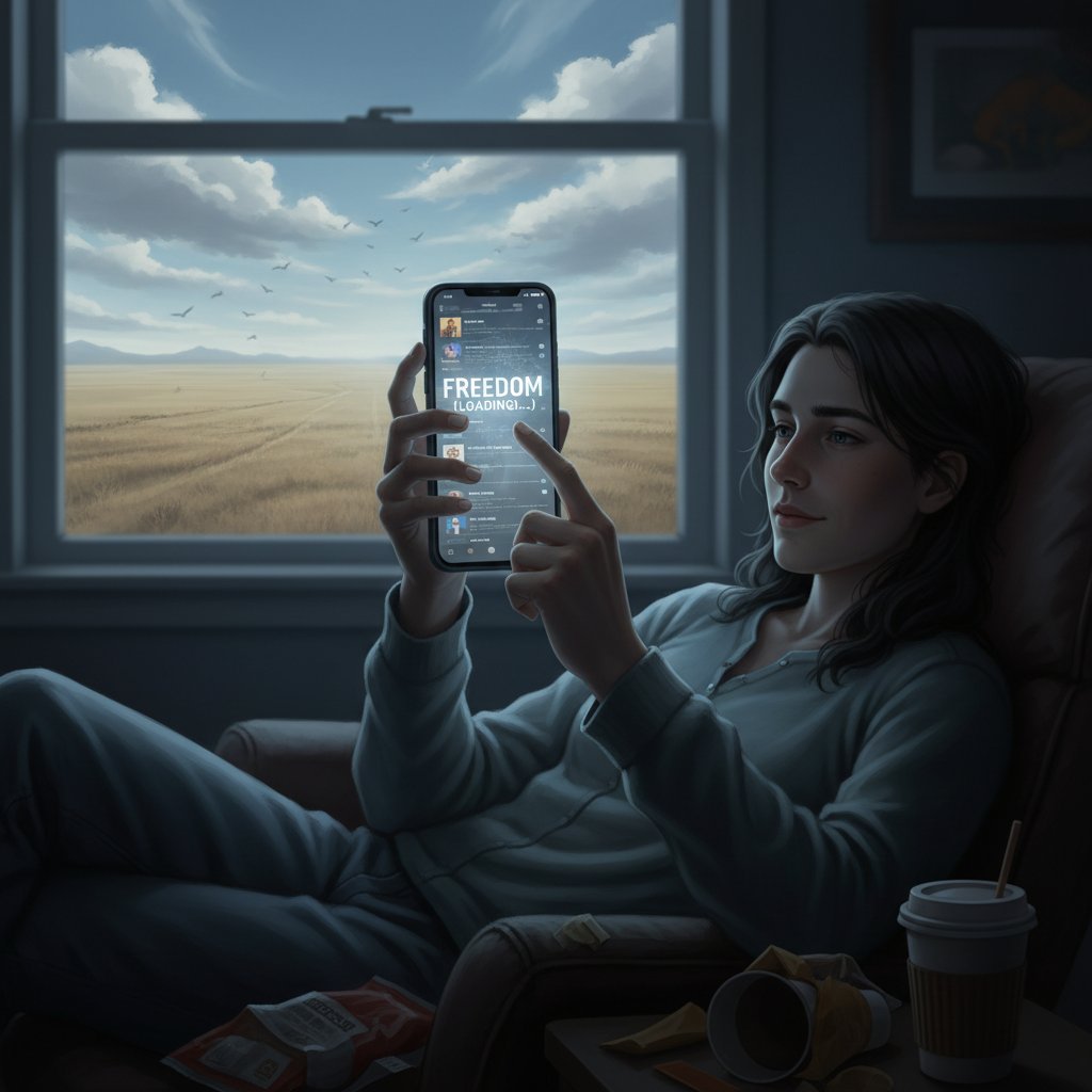 Osoba przeglądająca social media na smartfonie, zamyślona, symbolizująca iluzję wolności słowa