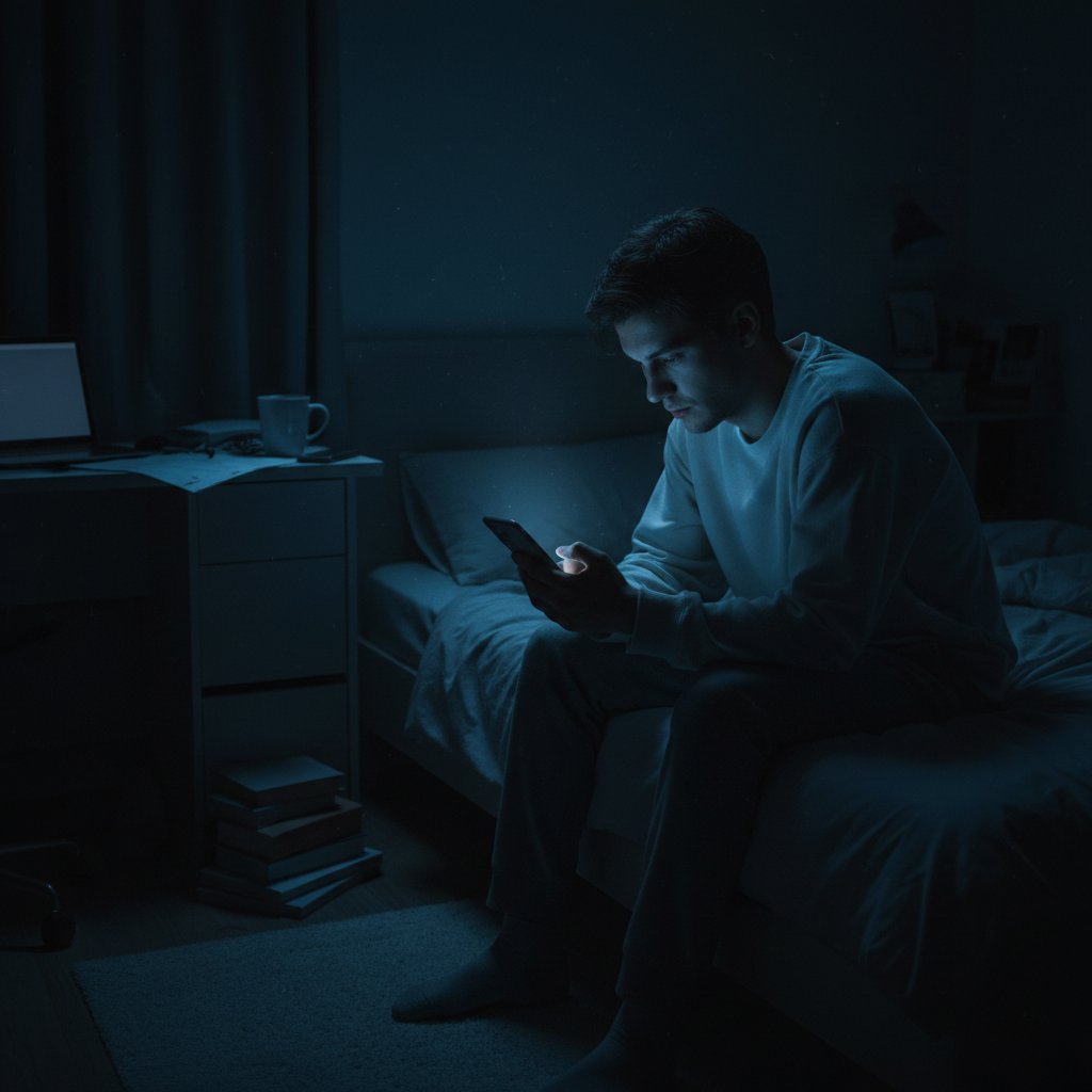 Osoba z telefonem w łóżku, niebieskie światło zaburza rytm dobowy snu i czuwania